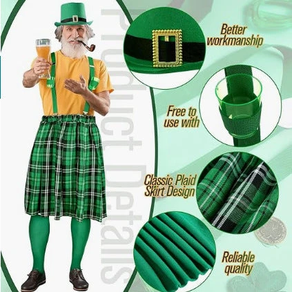 Mens St. Patrick’s Day Costumes Green Plaid Pleated Skirt Hat Suspenders Socks 4Pcs Suit 3 Mens St. Patrick’s Day Costumes Green Plaid Pleated Skirt Hat Suspenders Socks 4Pcs Suit - Image 3