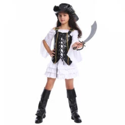 Kids Pirate Costume Girls White Halloween Pirate Dress Vest And Hat Suit