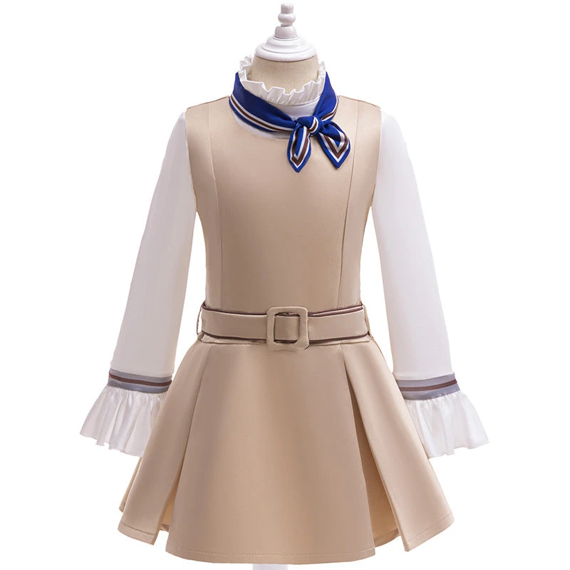 Girls Megan Costume Killer Robot Khaki Pleated Sleeveless Dress With Shirt Belt Scarf Full Set 2 Girls Megan Costume Killer Robot Khaki Pleated Sleeveless Dress With Shirt Belt Scarf Full Set - Image 2