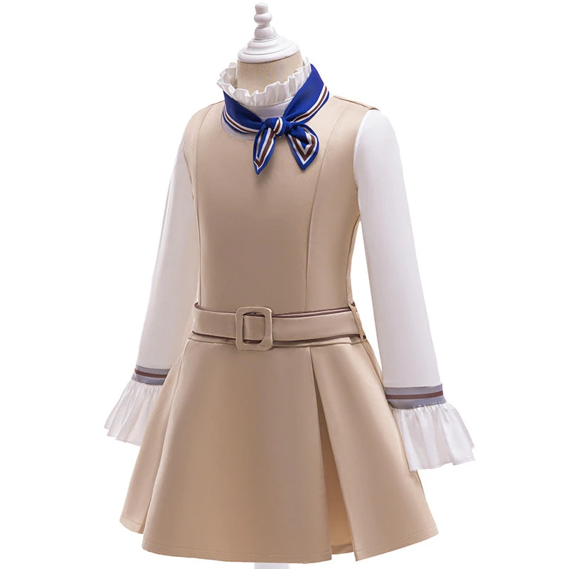 Girls Megan Costume Killer Robot Khaki Pleated Sleeveless Dress With Shirt Belt Scarf Full Set 4 Girls Megan Costume Killer Robot Khaki Pleated Sleeveless Dress With Shirt Belt Scarf Full Set - Image 4