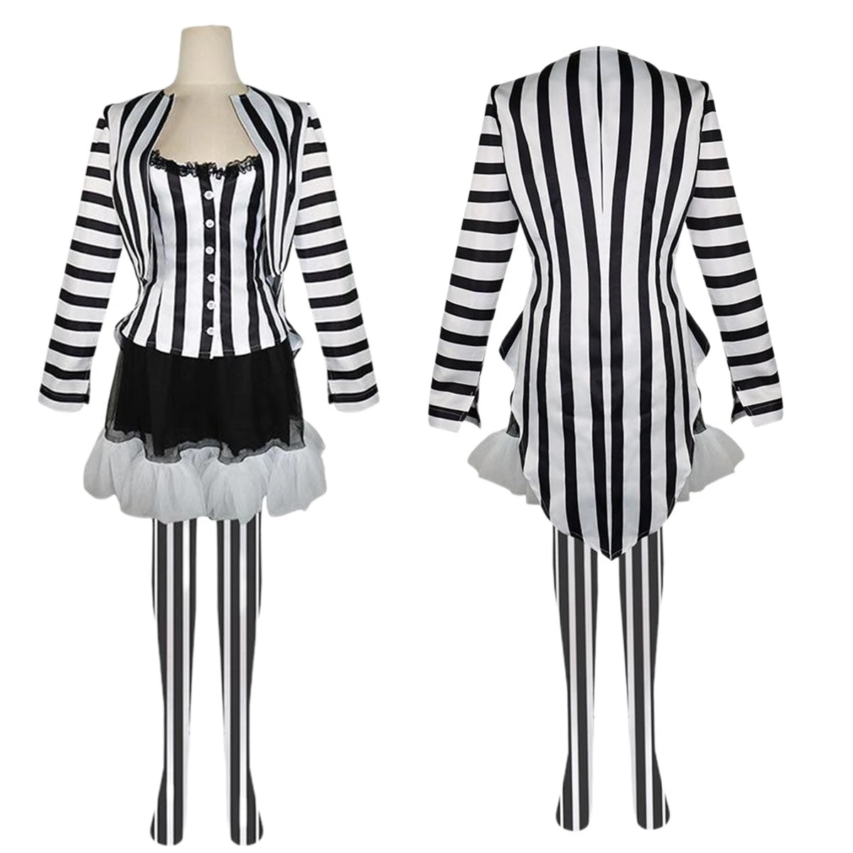Women‘s Betelgeuse Costume Lydia Deetz Black And White Striped Suit For Halloween Carnival 1 Women‘s Betelgeuse Costume Lydia Deetz Black And White Striped Suit For Halloween Carnival