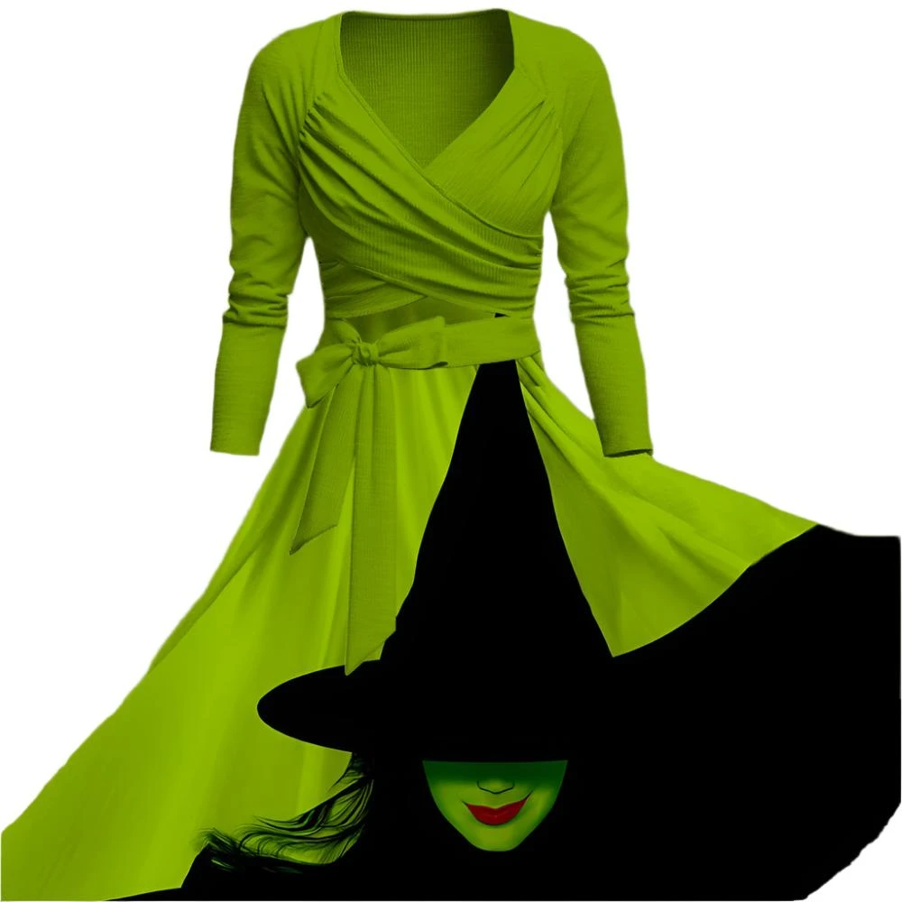 Female Elphaba Costume Green Casual Swing Maxi Dress With Belt For Daily Wear 5 Female Elphaba Costume Green Casual Swing Maxi Dress With Belt For Daily Wear - Image 5
