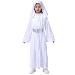 Girls Leia Costume Princess Hooded White Dress With Belt For Halloween Carnival