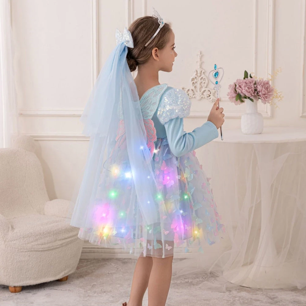 Girls Light Up Dress LED Long Sleeve Princess Party Dress With Fairy Wings And Tulle Bow Veil 2 Girls Light Up Dress LED Long Sleeve Princess Party Dress With Fairy Wings And Tulle Bow Veil - Image 2