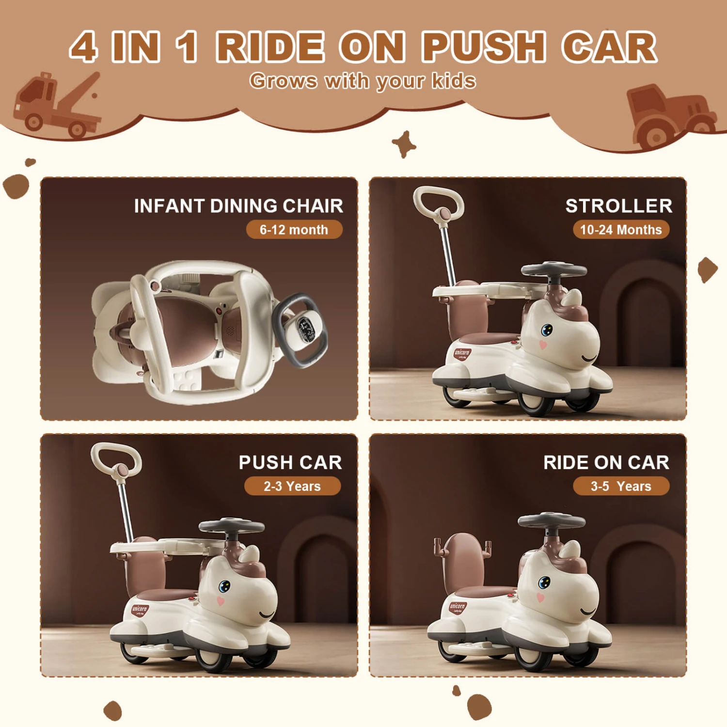 6V Unicorn 4-in-1 Kids Electric Car Bluetooth Ride-On Toy Detachable Push Handle With Music Light 5 6V Unicorn 4-in-1 Kids Electric Car Bluetooth Ride-On Toy Detachable Push Handle With Music Light - Image 5