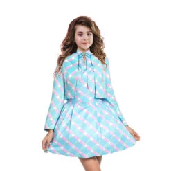 Movie Plaid Blue Dress Margot Robbie Cosplay Costume Party Vacation Halloween Costume -Children Toys Sale Barbie Costume Margot Robbie Blue Coat Dress 1 1