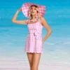 Pink Swimsuit Plaided Swim Dress With Bikini Bottom For Beach Vacation