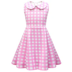 Kids Pink Plaid Dress Sleeveless Party Outfit With Accessories Girls Halloween Cosplay Costume -Children Toys Sale Barbie dress girls 1