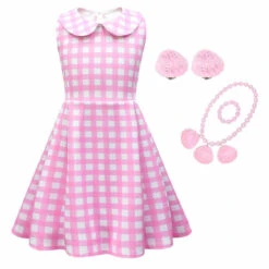 Kids Pink Plaid Dress Sleeveless Party Outfit With Accessories Girls Halloween Cosplay Costume -Children Toys Sale Barbie dress girls 10