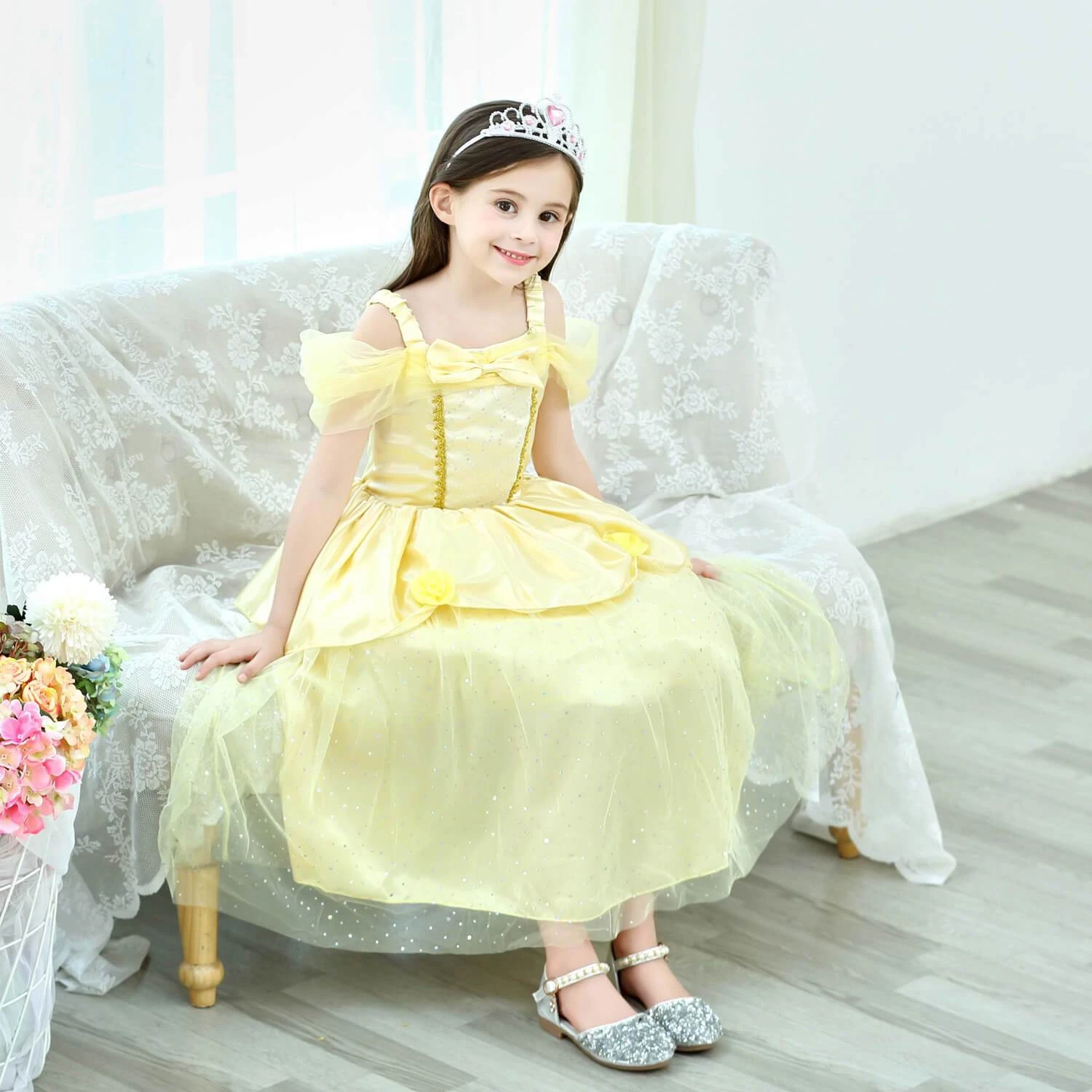 Princess Girls Costume Shining Sequin Overlay Party Dress Off Shoulder Layered Dress 3 Princess Girls Costume Shining Sequin Overlay Party Dress Off Shoulder Layered Dress - Image 3