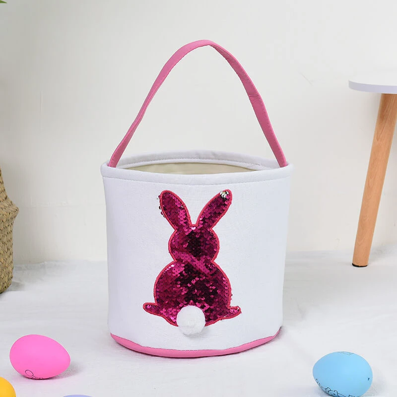 Easter Bunny Basket Canvas Sequin Tote Bags Kids Easter Egg Hunt Rabbit Basket With Tail 4 Easter Bunny Basket Canvas Sequin Tote Bags Kids Easter Egg Hunt Rabbit Basket With Tail - Image 4
