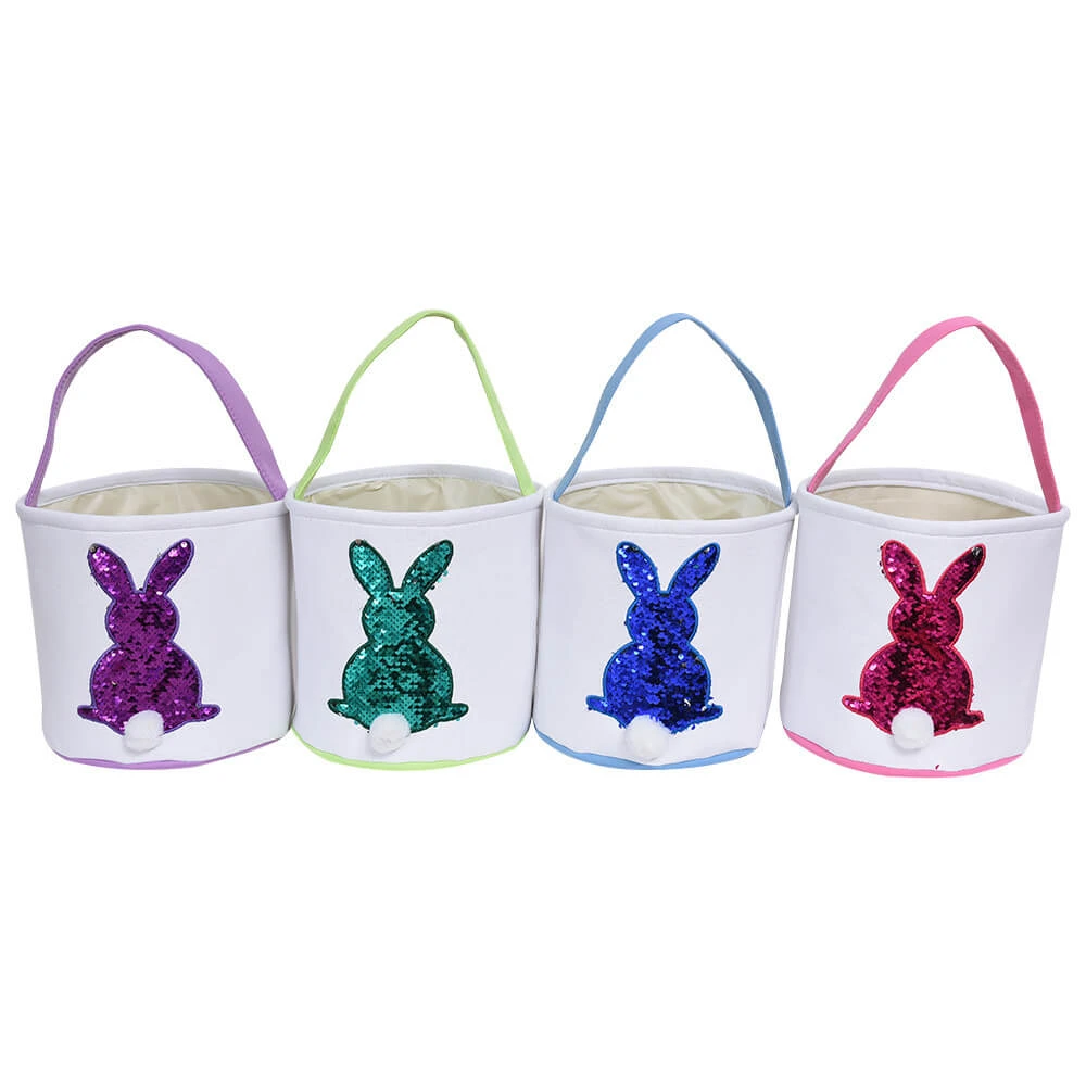 Easter Bunny Basket Canvas Sequin Tote Bags Kids Easter Egg Hunt Rabbit Basket With Tail 2 Easter Bunny Basket Canvas Sequin Tote Bags Kids Easter Egg Hunt Rabbit Basket With Tail - Image 2