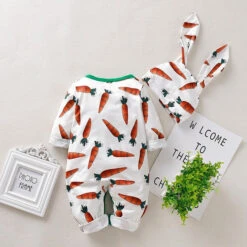 Baby Carrot Printed Romper And Bunny Rabbit Ears Hat 2pcs Suit -Children Toys Sale Easter baby girl romper and hat 2pcs set 5