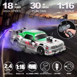 1/16 RC Drift Car 18KM/H Fast Remote Control Cars Spray Car With Led Light Sound For Kids -Children Toys Sale F green 02