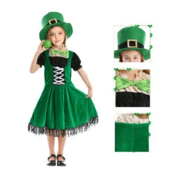 Girls Saint Patricks Day Outift Leprechaun Dress Hat And Bowtie Full Set For St Paddy Day -Children Toys Sale Girls saint patrick day outfit 1