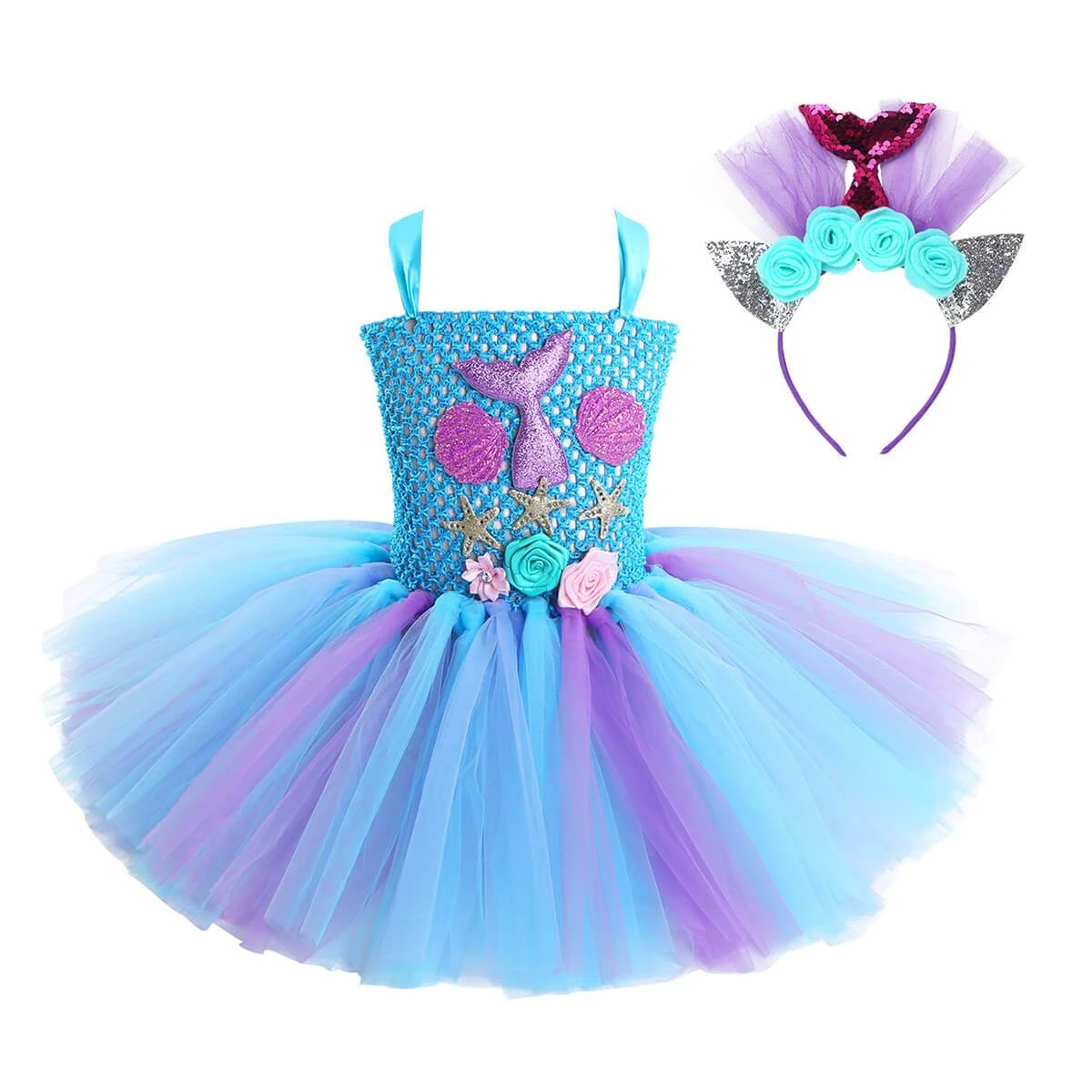Kids Mermaid Tutu Dress Handmade Princess Ariel Beach Vacation Dress With 3D Flower And Hair Hoop 1 Kids Mermaid Tutu Dress Handmade Princess Ariel Beach Vacation Dress With 3D Flower And Hair Hoop