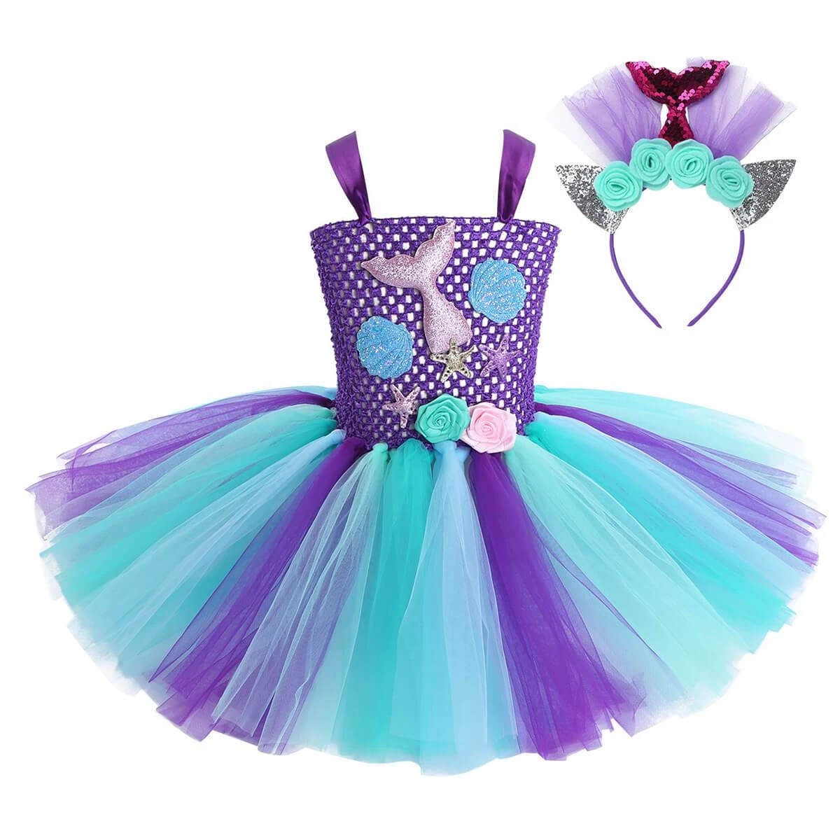 Kids Mermaid Tutu Dress Handmade Princess Ariel Beach Vacation Dress With 3D Flower And Hair Hoop 2 Kids Mermaid Tutu Dress Handmade Princess Ariel Beach Vacation Dress With 3D Flower And Hair Hoop - Image 2