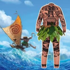 Maui Costume Boys/Man Halloween Cosplay Tattoo Shirt And Pants With Leaves Skirt -Children Toys Sale Maui Tattoo cosplay Costume 3