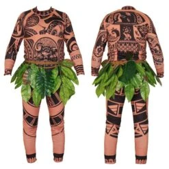 Maui Costume Boys/Man Halloween Cosplay Tattoo Shirt And Pants With Leaves Skirt -Children Toys Sale Maui Tattoo cosplay Costume 4