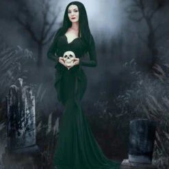 Morticia Addams Dress Adult Floor Length Evening Gown Costume Black Gothic Morticia Party Dress