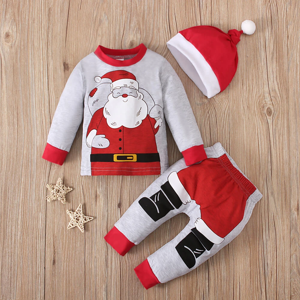 3pcs Toddler Christmas Costume Newborn Baby Santa Outfits Pullover Trousers Hat Full Set 2 3pcs Toddler Christmas Costume Newborn Baby Santa Outfits Pullover Trousers Hat Full Set - Image 2