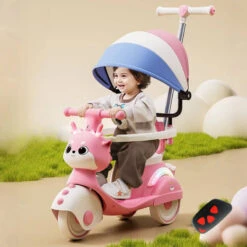 Toddler Electric Motorcycle 4-IN-1 Cartoon 6V Ride On Car With Remote Stroller Canopy
