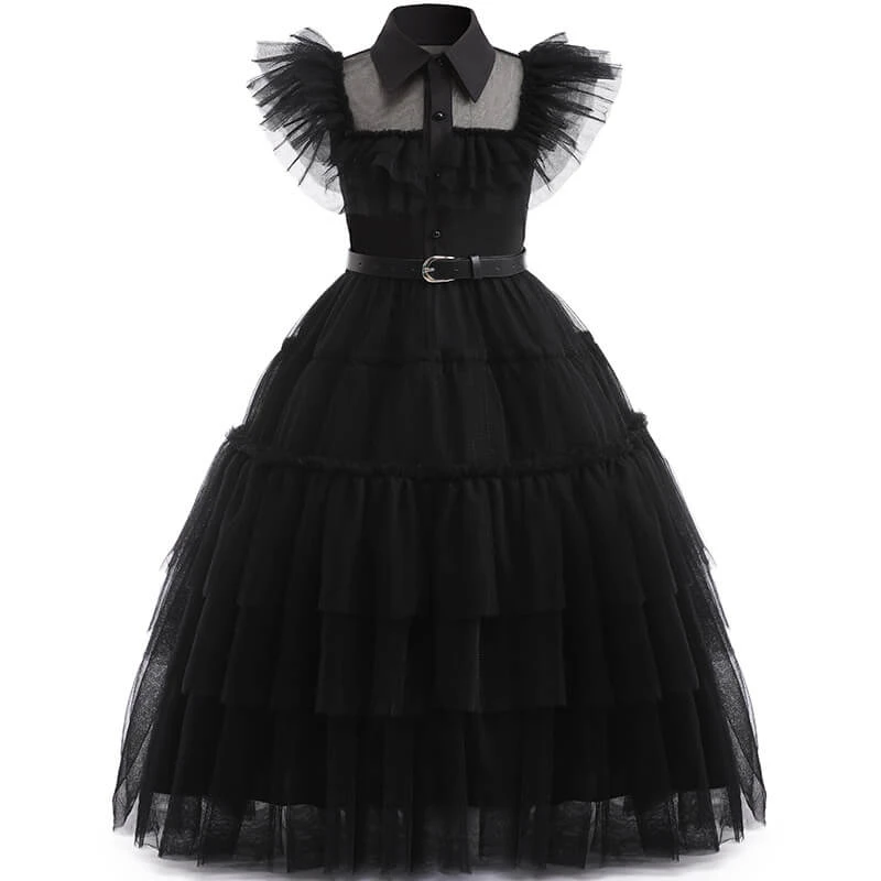 Girls Wednesday Dress Wednesday Addams Costume Black Tulle Dress With Belt Wednesday Outfit 2 Girls Wednesday Dress Wednesday Addams Costume Black Tulle Dress With Belt Wednesday Outfit - Image 2