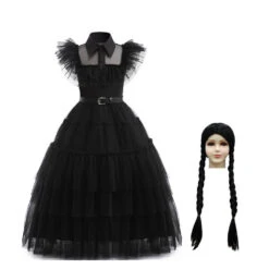 Girls Wednesday Dress Wednesday Addams Costume Black Tulle Dress With Belt Wednesday Outfit