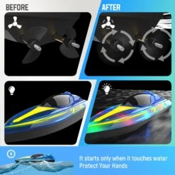 Remote Control Speedboat 15KM/H Waterproof Electric Colorful Boat Water Toy For Kids -Children Toys Sale actual color blue 04