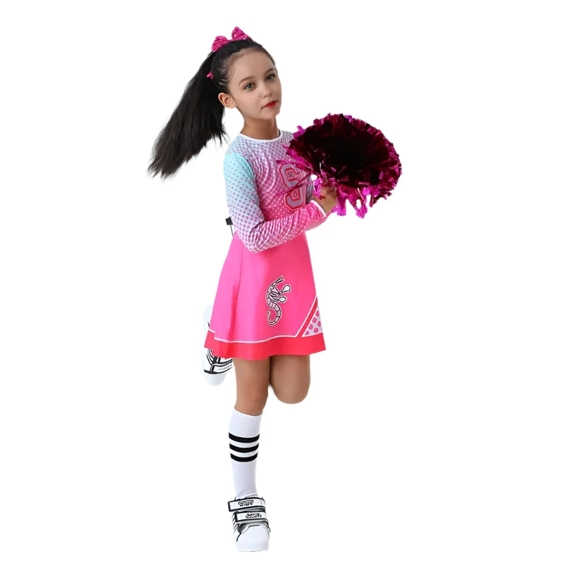 Girls Zombie Cheerleader Costume Addison Pink Dress With Pom Poms Halloween Fancy Outfit 2 Girls Zombie Cheerleader Costume Addison Pink Dress With Pom Poms Halloween Fancy Outfit - Image 2