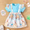 Baby Girl Easter Costume T-Shirt Tops And Easter Rabbit Floral Bow Suspender Skirts Suit For Easter Day