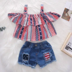 Baby Girl 4th Of July Outfit American Flag 2PCS Patriotic Set Stars Stripe Tops+Denim Shorts