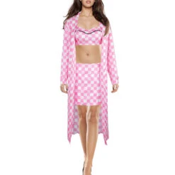 Pink Plaid Bikini Women Swimwear With Matching Bathrobe Bucket Hat And Jewelry For Beach Vacation -Children Toys Sale barbie bikini swim suit 2