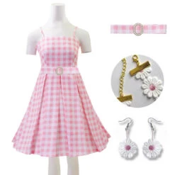 Pink Dress Beach Vacation Plaid Clothing With Necklace And Earrings For Kids Adults -Children Toys Sale barbie dress 7