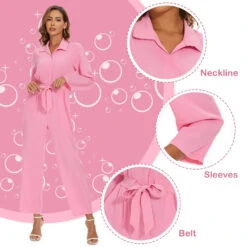Pink Jumpsuit Kids Adults Movie Costume Button Down Lapel Belted Cosplay Outfit -Children Toys Sale barbie jumpsuit cosplay costume 6