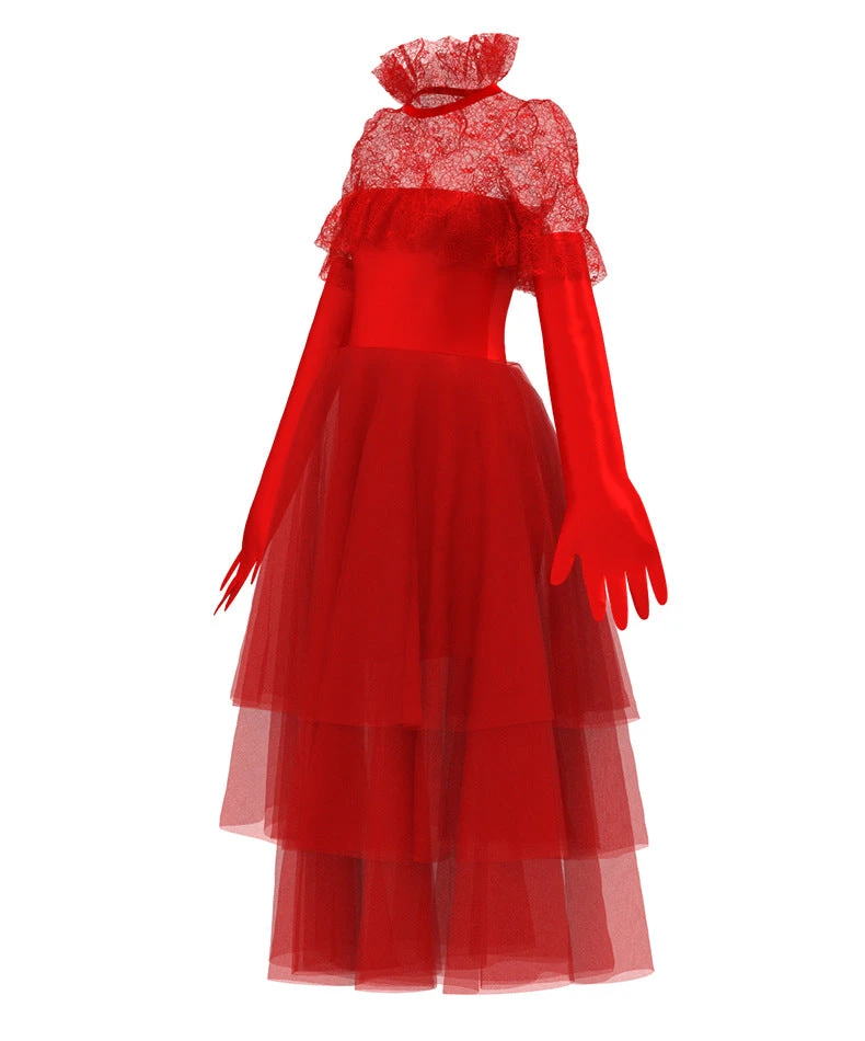 Adult Lydia Deetz Outfit Beetle Bride Red Wedding Dress Gothic Cosplay Costume With Veil And Gloves 2 Adult Lydia Deetz Outfit Beetle Bride Red Wedding Dress Gothic Cosplay Costume With Veil And Gloves - Image 2