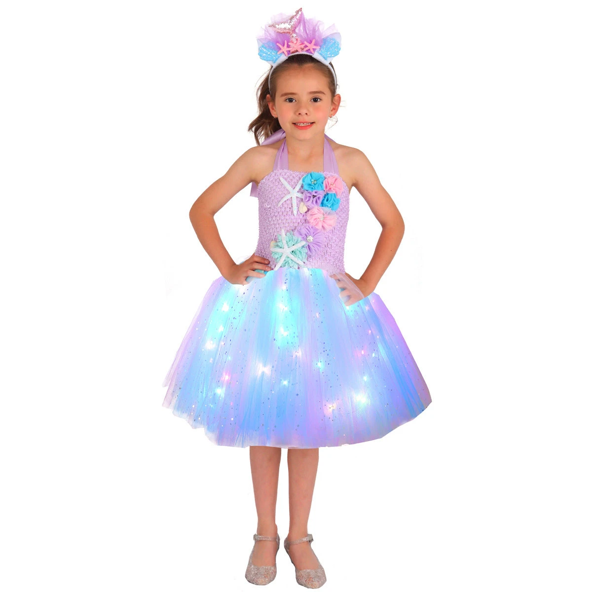 Light Up Princess Dress Mermaid Tutu Dress Glowing Birthday Dress With Headband 2 Light Up Princess Dress Mermaid Tutu Dress Glowing Birthday Dress With Headband - Image 2