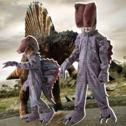 Kids Dinosaur Costume Spinosaurus Onesie Helmet Gloves And Foot Covers 4pcs Set Realistic Dino Outfit For Halloween Party