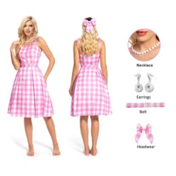 Pink Barbara Plaid Dress With Earrings Necklace And Headwear Included Beach Vacation Dress Up -Children Toys Sale disney barbie dress pink plaid movie barbie cosplay costume 3