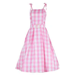 Pink Barbara Plaid Dress With Earrings Necklace And Headwear Included Beach Vacation Dress Up -Children Toys Sale disney barbie dress pink plaid movie barbie cosplay costume 4