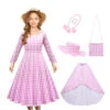 Girls Barbiecore Costume Pink Plaid Dress Long Sleeve Outfit With Hat Necklace For Halloween Cosplay