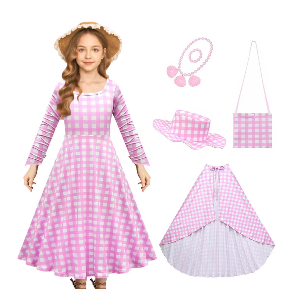 Girls Barbiecore Costume Pink Plaid Dress Long Sleeve Outfit With Hat Necklace For Halloween Cosplay 1 Girls Barbiecore Costume Pink Plaid Dress Long Sleeve Outfit With Hat Necklace For Halloween Cosplay
