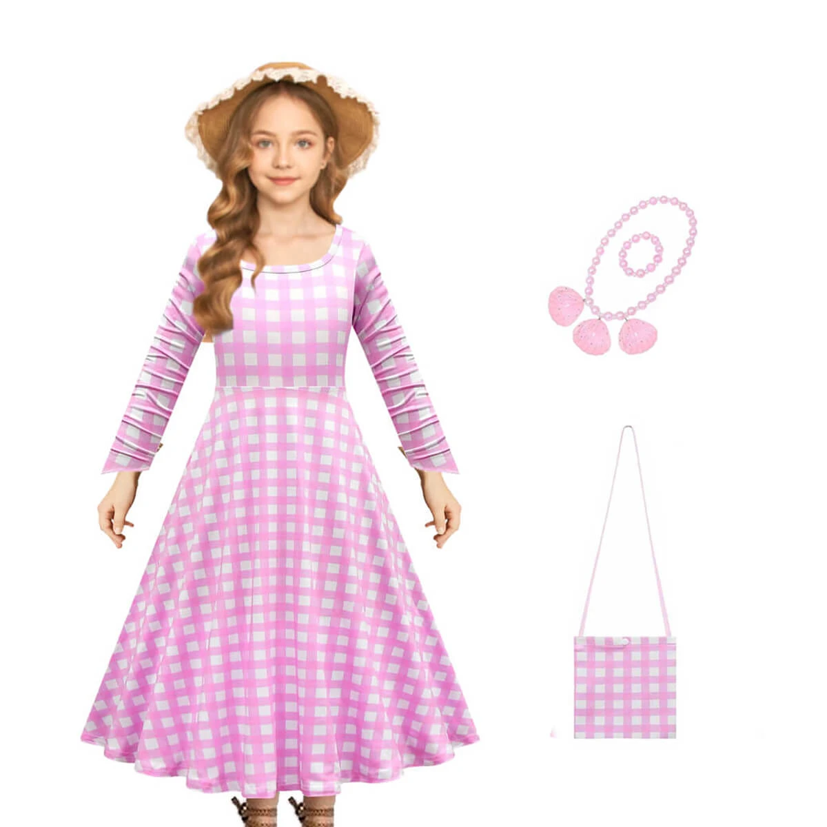 Girls Barbiecore Costume Pink Plaid Dress Long Sleeve Outfit With Hat Necklace For Halloween Cosplay 2 Girls Barbiecore Costume Pink Plaid Dress Long Sleeve Outfit With Hat Necklace For Halloween Cosplay - Image 2