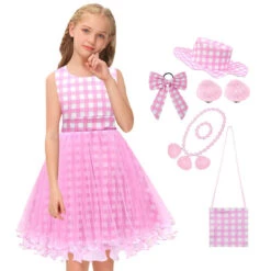 Girls Pink Dress Plaid Lace Ball Gown Party Costume With Accessories For Age 2T-8 -Children Toys Sale girls barbie pink dress