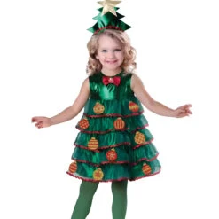 Girls Christmas Costume Xmas Tree Dress And Hat Green Outfit For Party -Children Toys Sale girls christmas tree dress 1