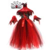 Girls Vampire Costume Red Gothic Medieval Queen Tutu Dress And Accessories For Kids Halloween Cosplay