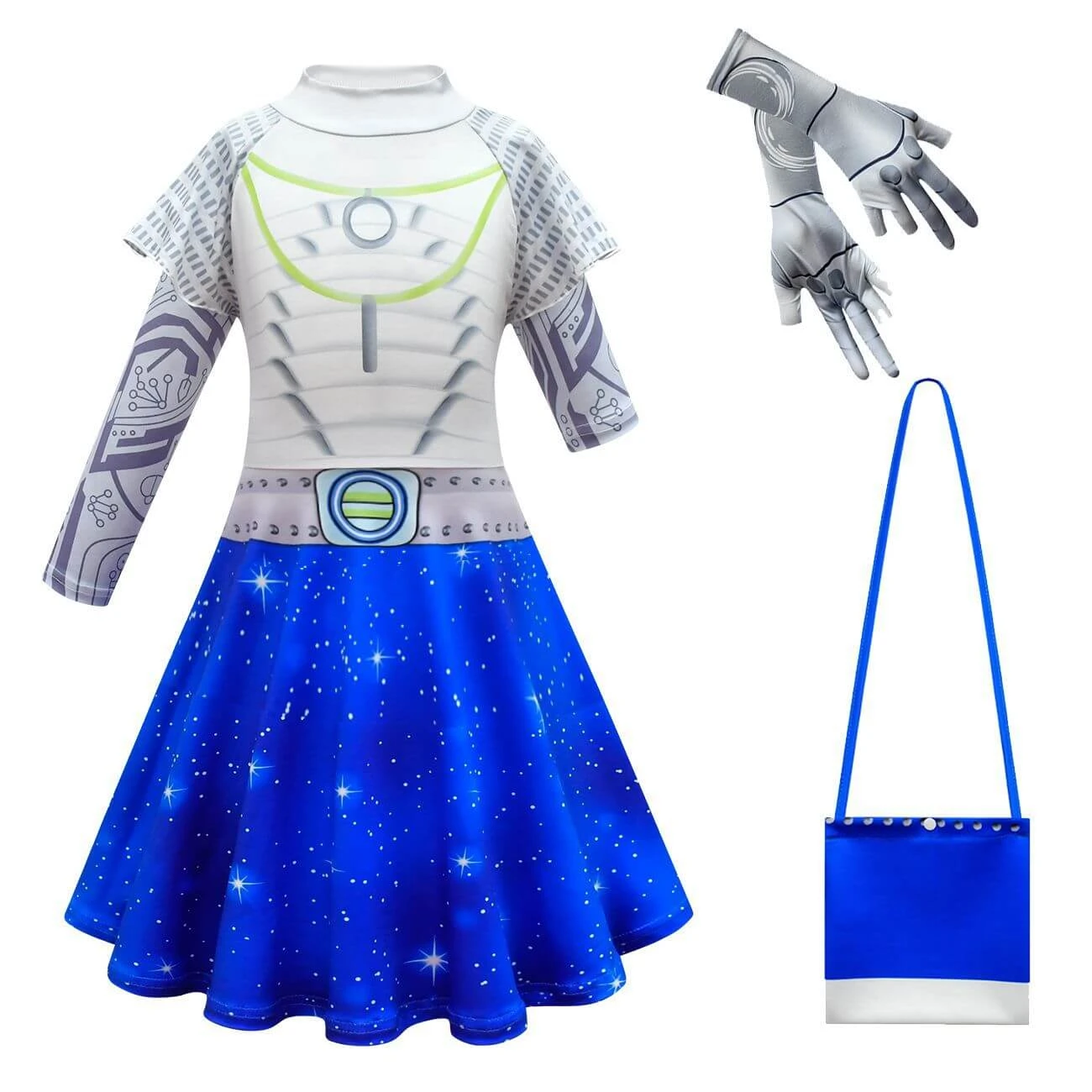 Girls Alien Costume Halloween Cosplay Dress Bags Gloves Full Set For Age 3-8 1 Girls Alien Costume Halloween Cosplay Dress Bags Gloves Full Set For Age 3-8