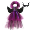 Girls Witch Costume Evil Queen High-low Tutu Dress With Horns Headband And Witch Wings For Cosplay