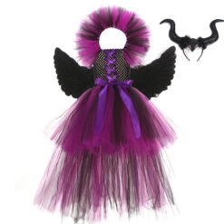 Girls Witch Costume Evil Queen High-low Tutu Dress With Horns Headband And Witch Wings For Cosplay