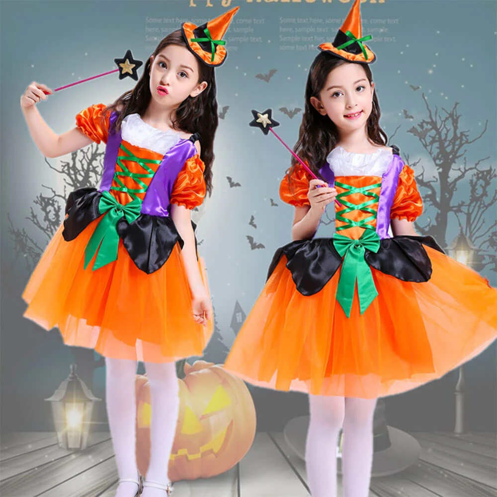 Girls Halloween Cosplay Costume Witch Dress Hat Candy Bag And Magic Stick Sets For Role Play 7 Girls Halloween Cosplay Costume Witch Dress Hat Candy Bag And Magic Stick Sets For Role Play - Image 7